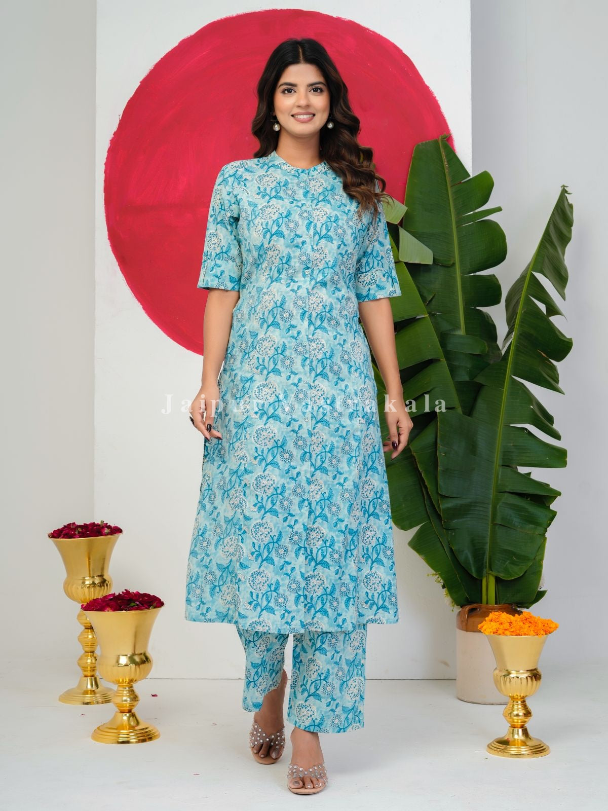 Slate Blue Blossoms Kurti Pant Coord
