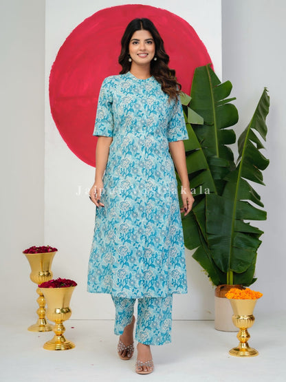 Slate Blue Blossoms Kurti Pant Coord