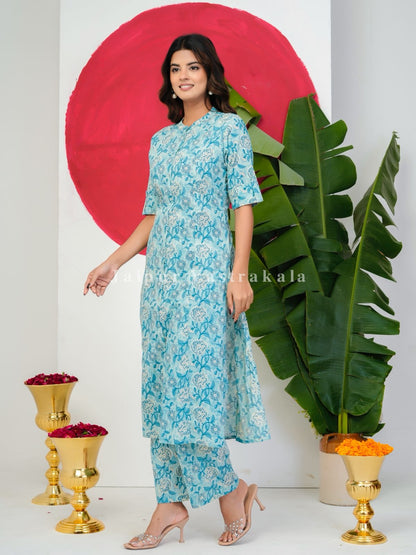 Slate Blue Blossoms Kurti Pant Coord