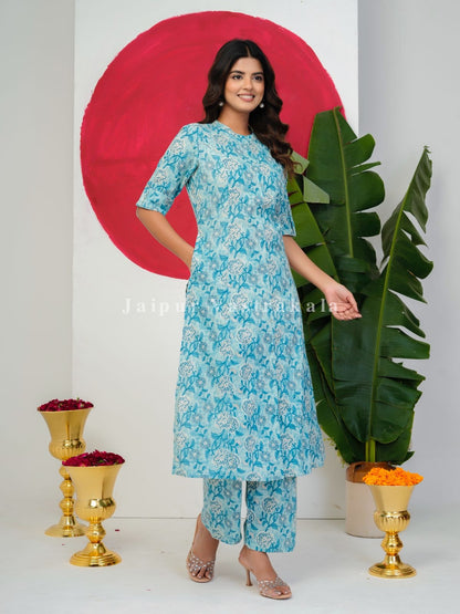 Slate Blue Blossoms Kurti Pant Coord