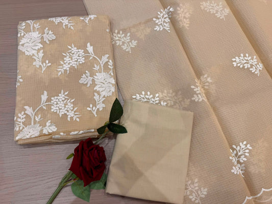 Beige Leaf Embroidery Kota Doriya Suit