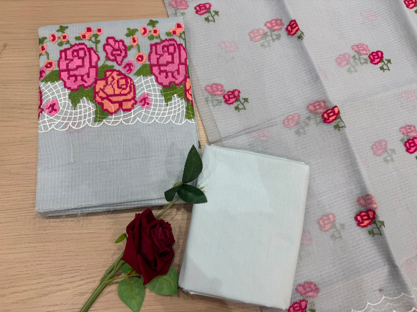 Gray Blooms Embroidery Kota Doriya Suit