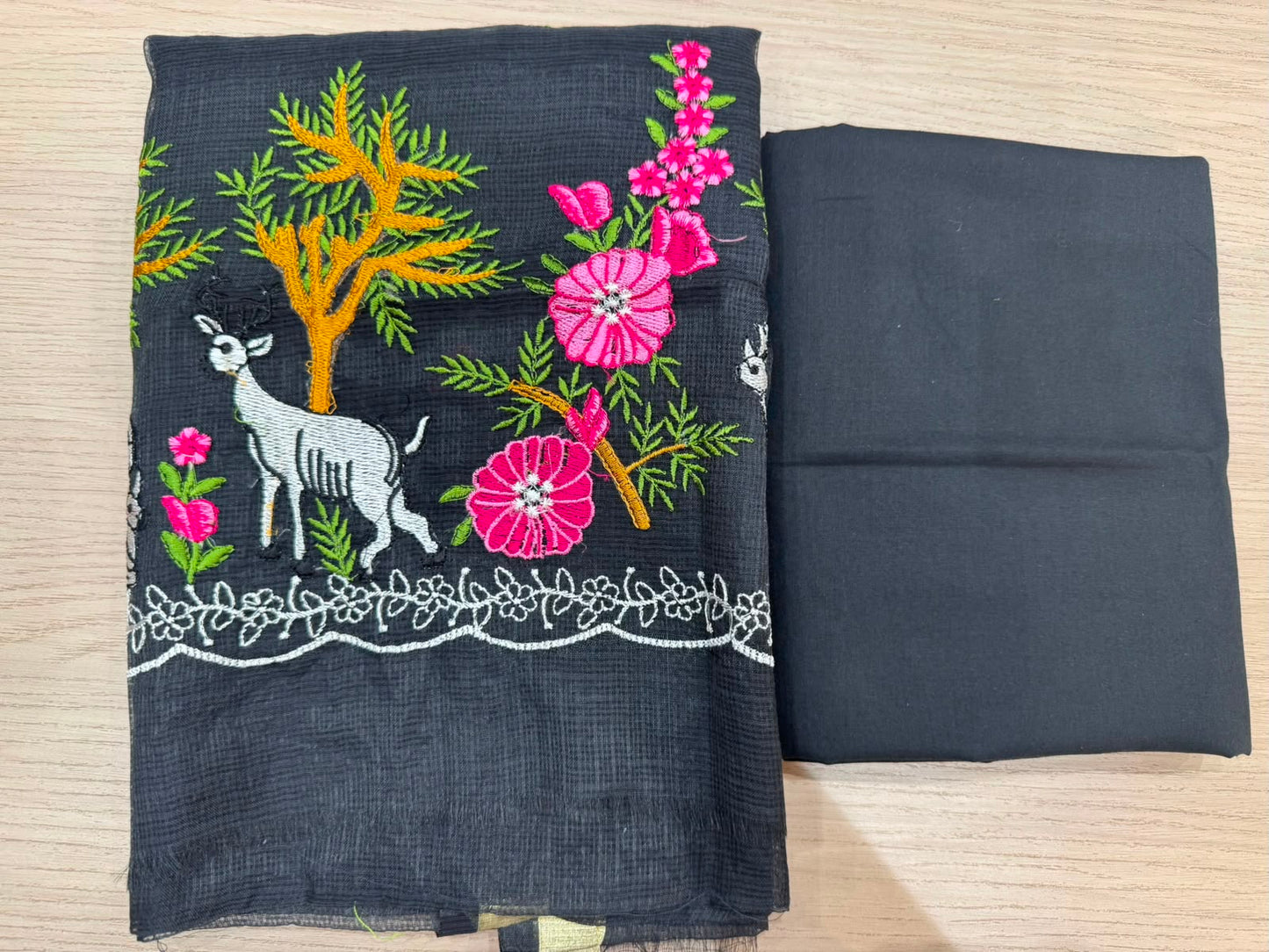 Black Jungle Embroidery Kota Doriya Suit