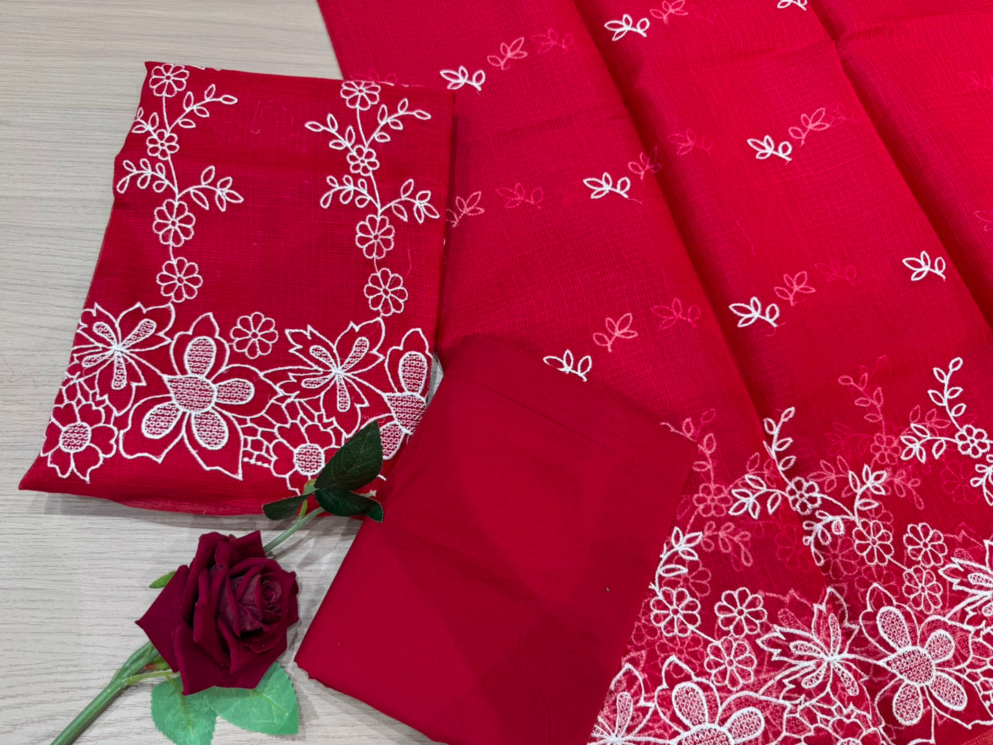Deep Red Embroidery Kota Doriya Embroidery Suit