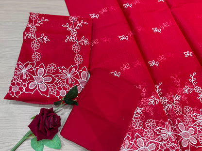 Deep Red Embroidery Kota Doriya Embroidery Suit