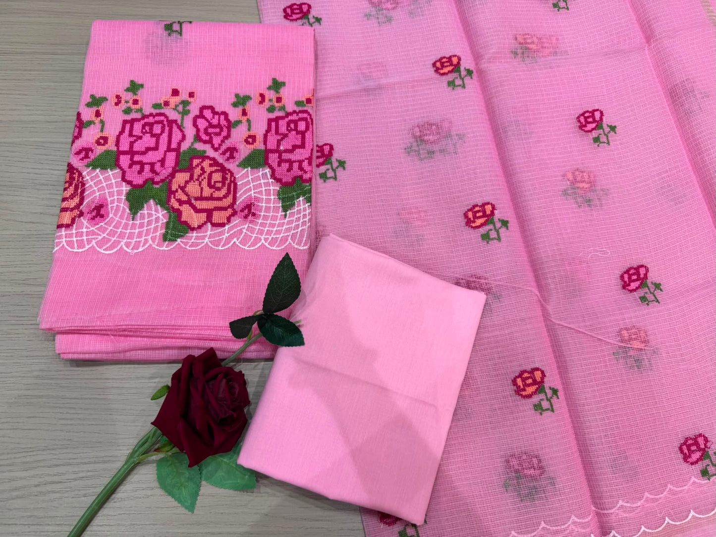 Pink Blooms Embroidery Kota Doriya Suit