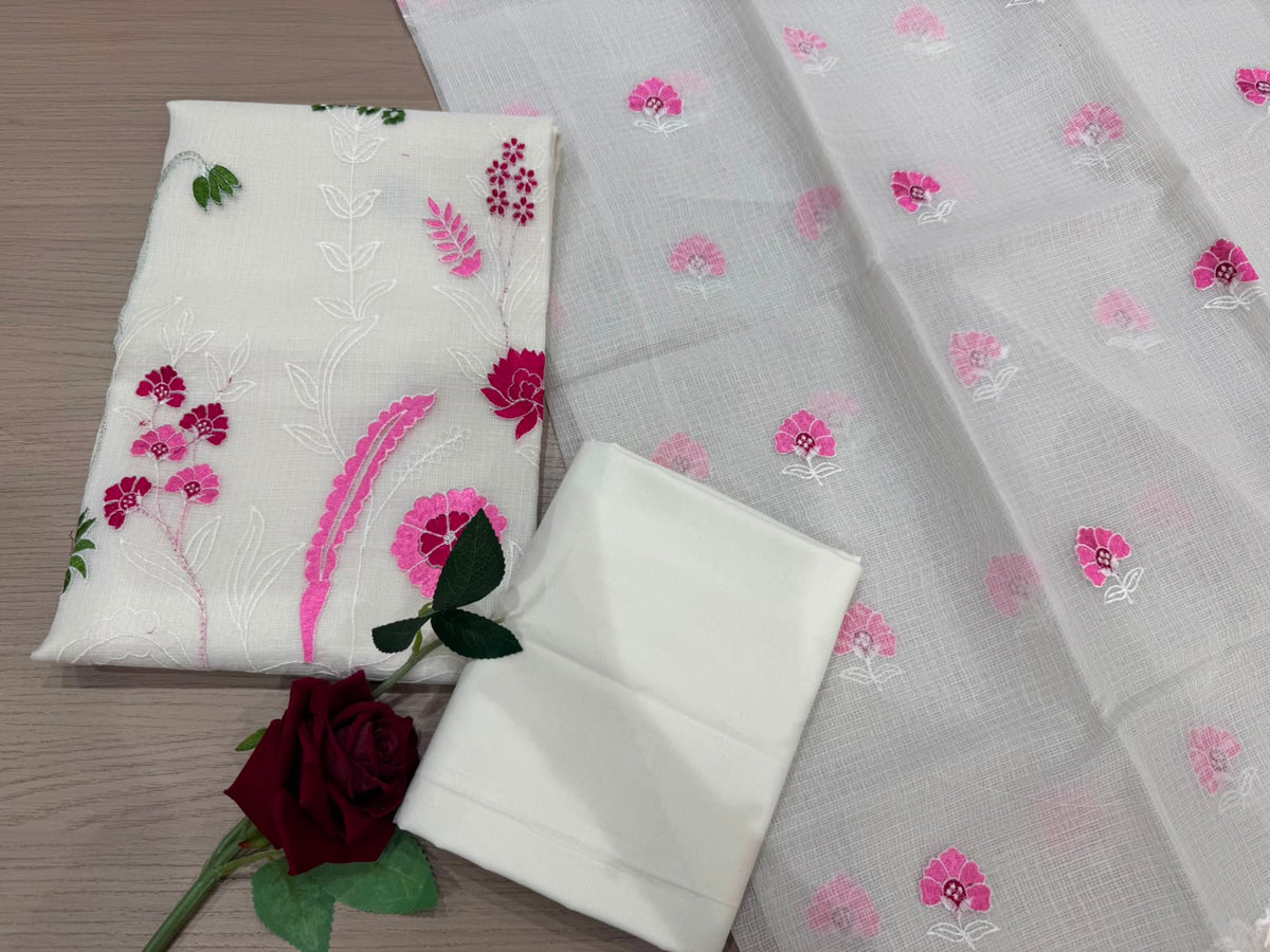 White Floral Embroidery Kota Doriya Embroidery Suit