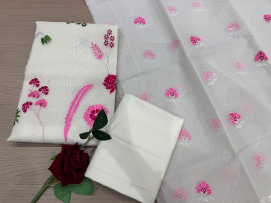 White Floral Embroidery Kota Doriya Embroidery Suit
