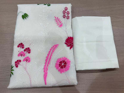 White Floral Embroidery Kota Doriya Embroidery Suit