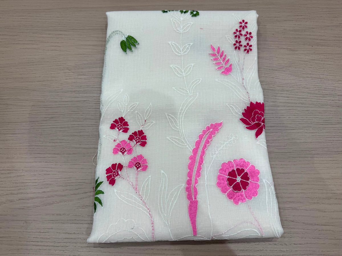 White Floral Embroidery Kota Doriya Embroidery Suit
