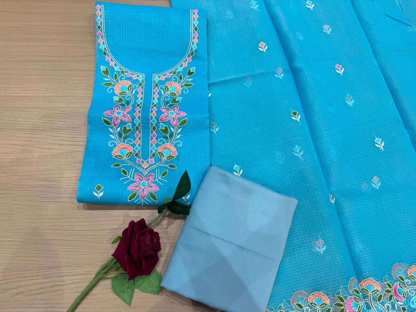 Blue Neck Embroidery Kota Doriya Suit
