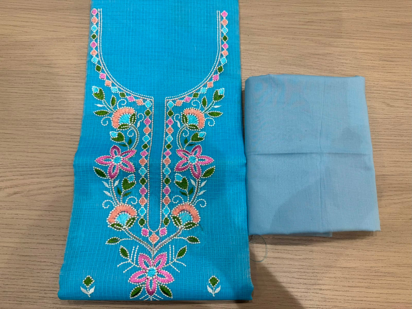 Blue Neck Embroidery Kota Doriya Suit