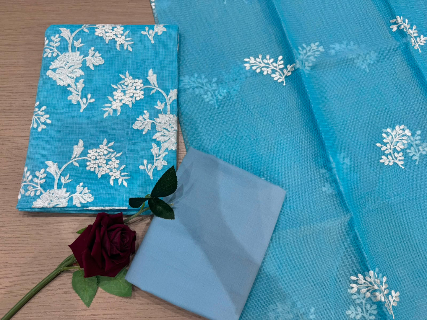 Blue Leaf Embroidery Kota Doriya Embroidery Suit