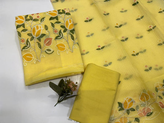 Yellow Tulip Embroidery Kota Doriya Suit