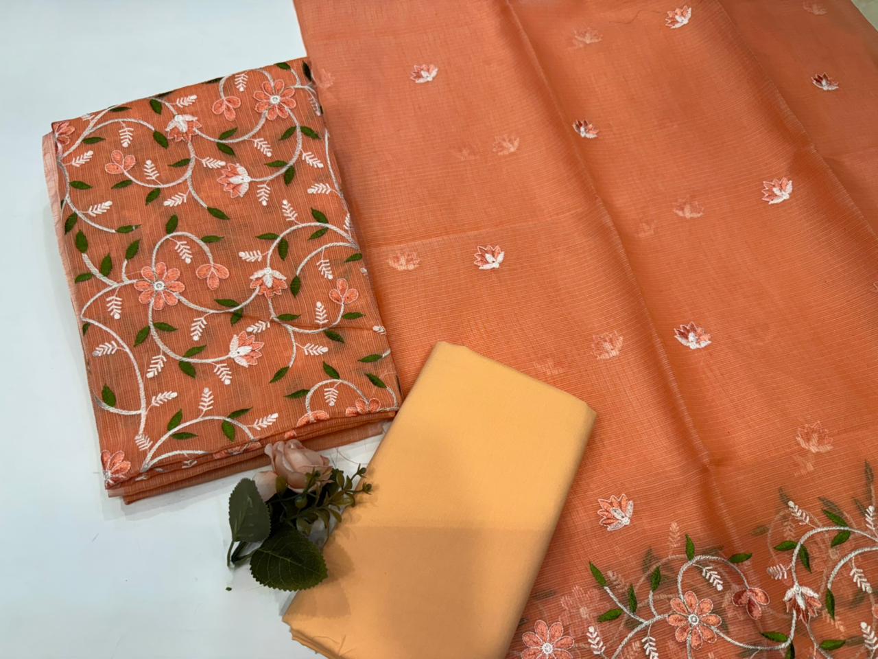 Coral Whispers Embroidery Kota Doriya Suit