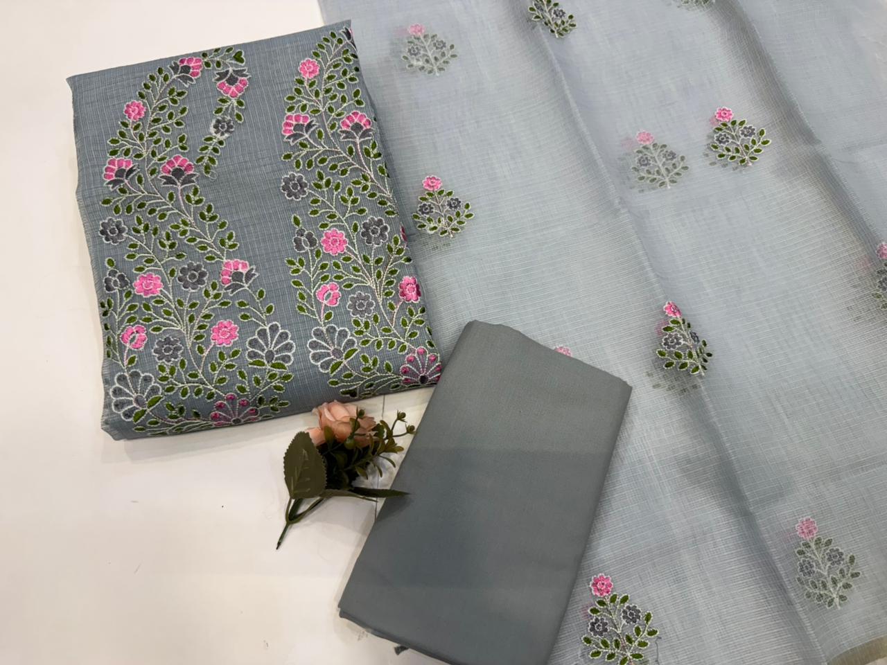 Gray Embroidery Kota Doriya Suit