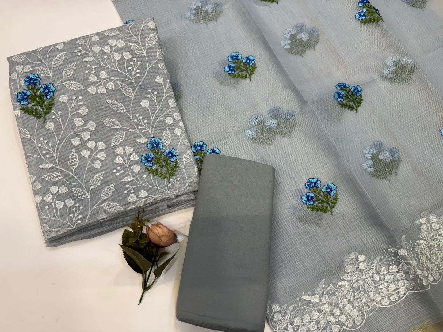 Serene Blue Fern Embroidery Kota Doriya Suit