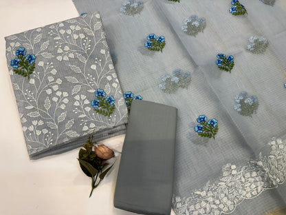 Serene Blue Fern Embroidery Kota Doriya Suit