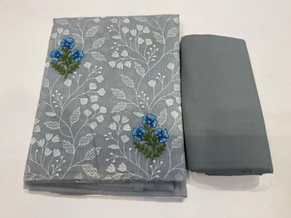 Serene Blue Fern Embroidery Kota Doriya Suit