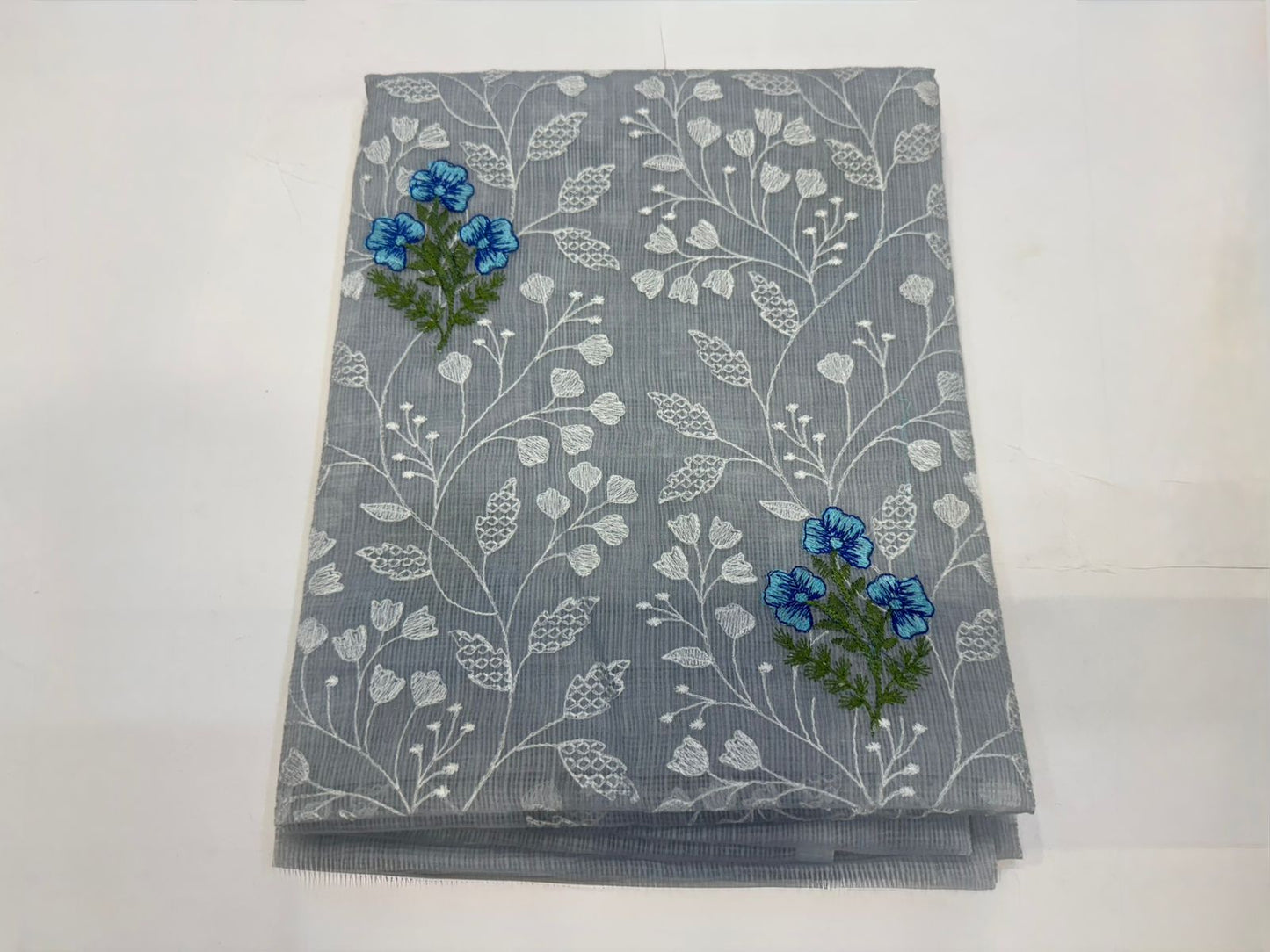 Serene Blue Fern Embroidery Kota Doriya Suit