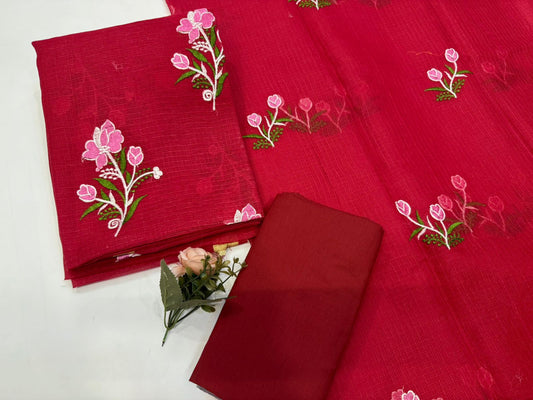 Deep Red Boota Embroidery Kota Doriya Suit