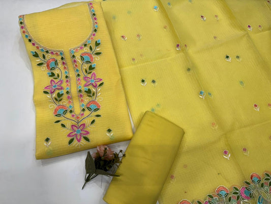 Yellow Neck Embroidery Kota Doriya Suit
