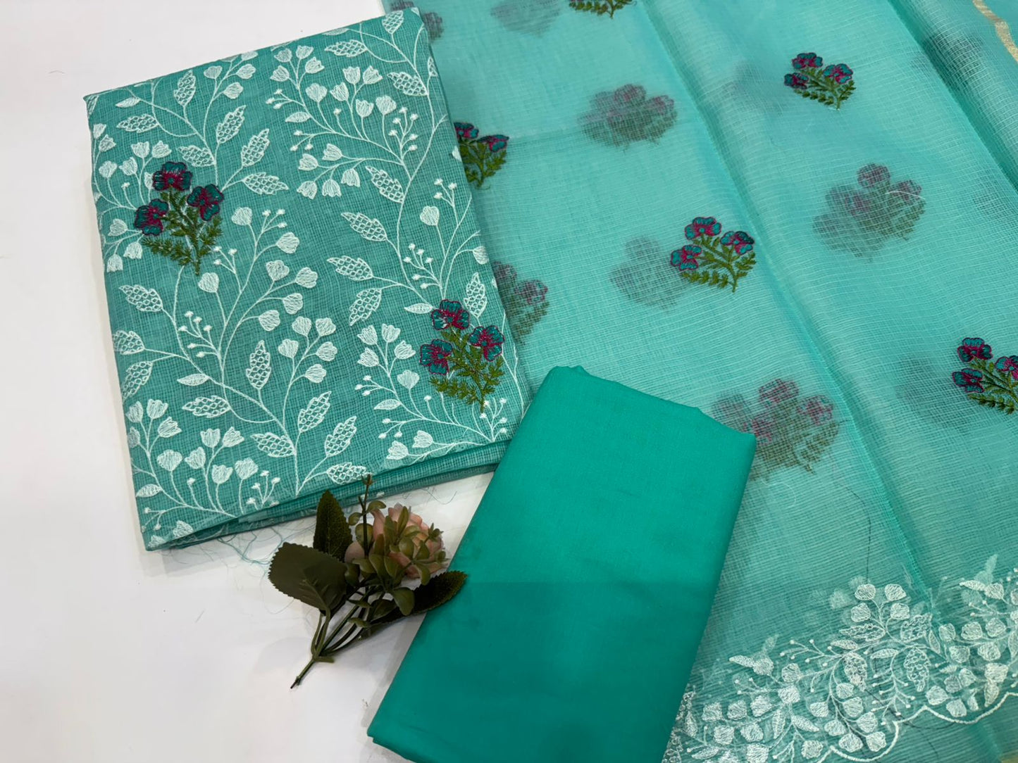 Sea Green Fern Embroidery Kota Doriya Suit