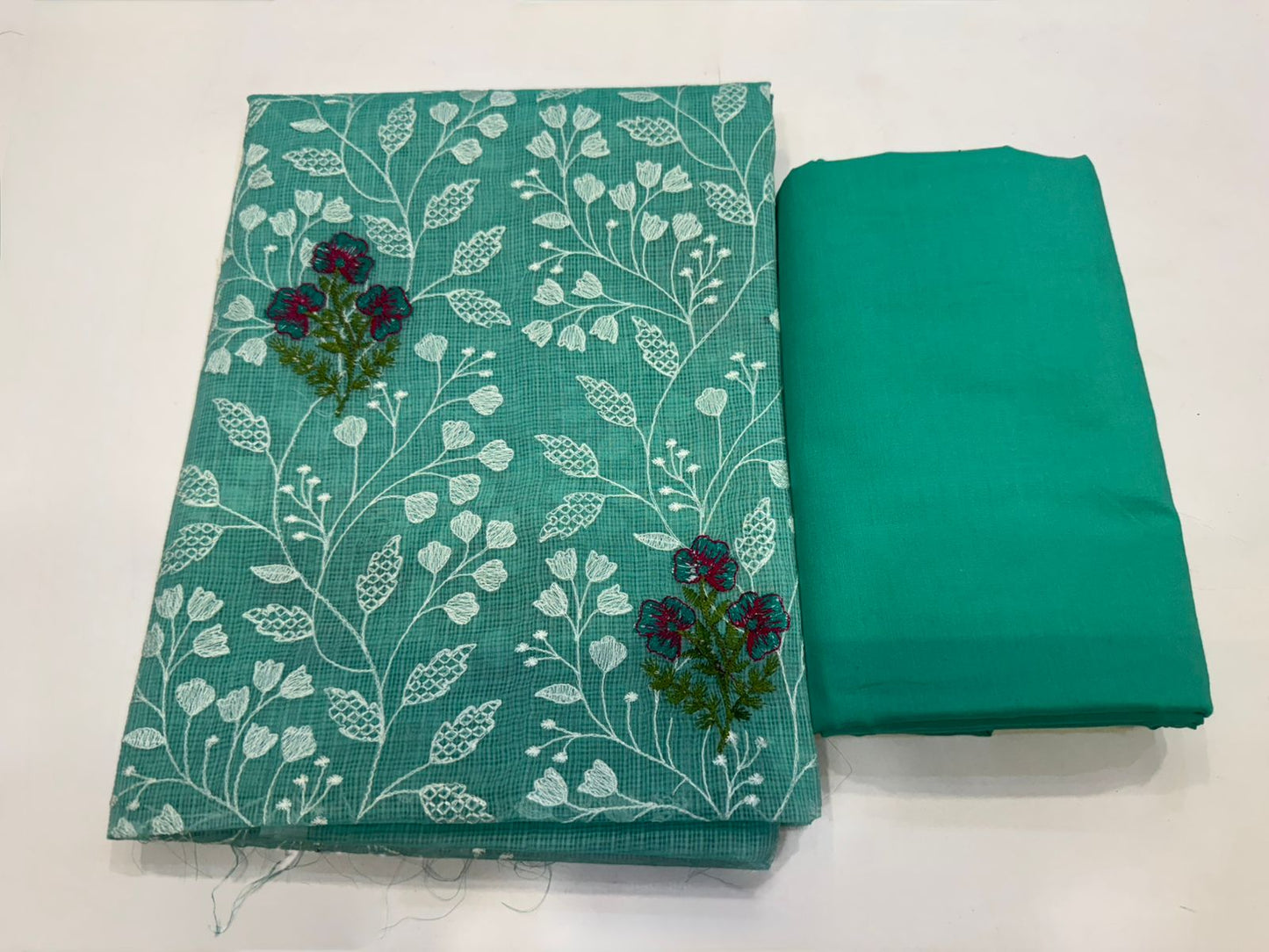 Sea Green Fern Embroidery Kota Doriya Suit
