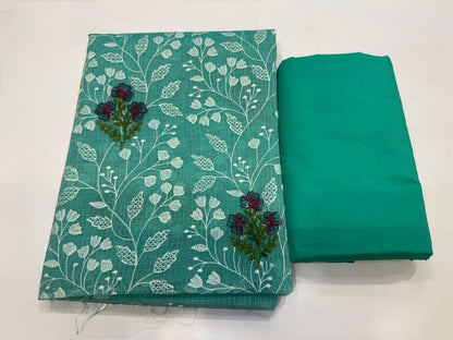 Sea Green Fern Embroidery Kota Doriya Suit