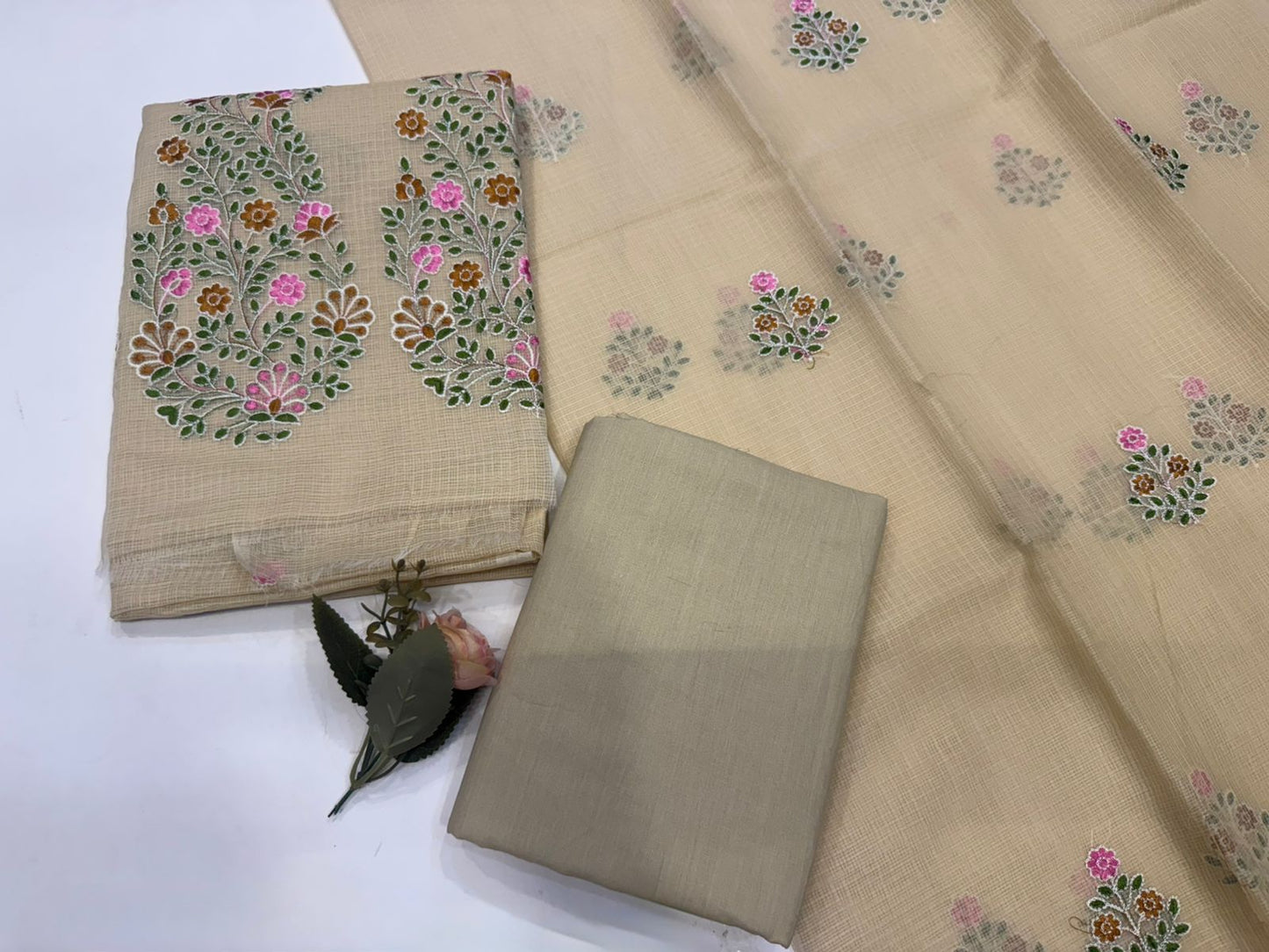 Beige Embroidery Kota Doriya Suit