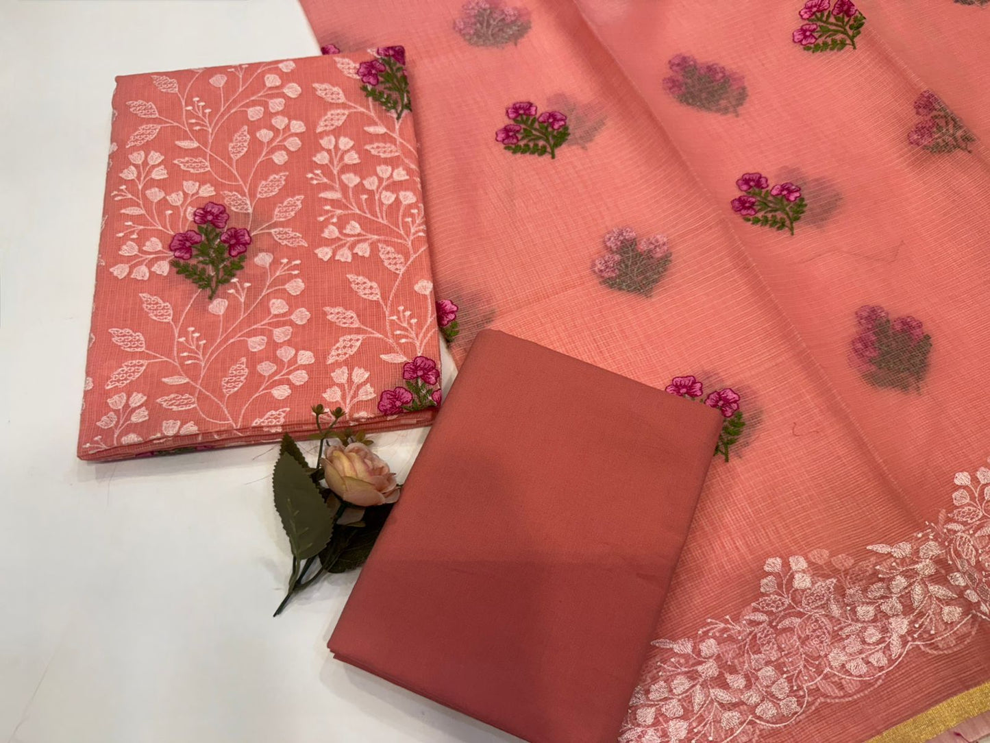 Peach Orange Fern Embroidery Kota Doriya Suit