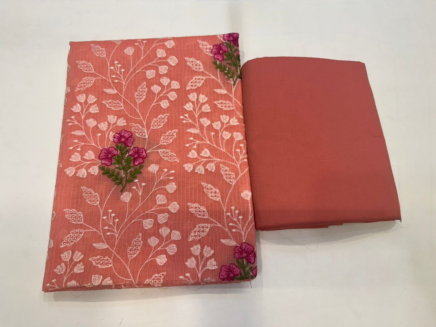 Peach Orange Fern Embroidery Kota Doriya Suit