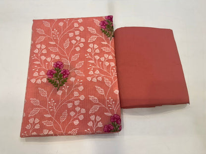 Peach Orange Fern Embroidery Kota Doriya Suit