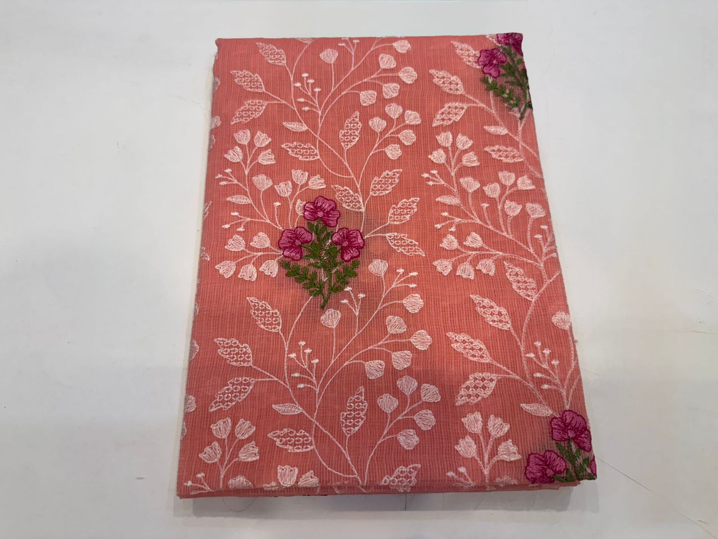 Peach Orange Fern Embroidery Kota Doriya Suit