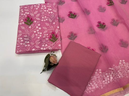 Pink Fern Embroidery Kota Doriya Suit