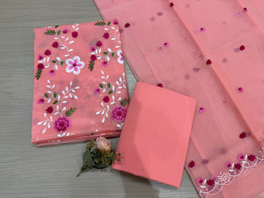 Coral Floral Embroidery Kota Doriya Suit