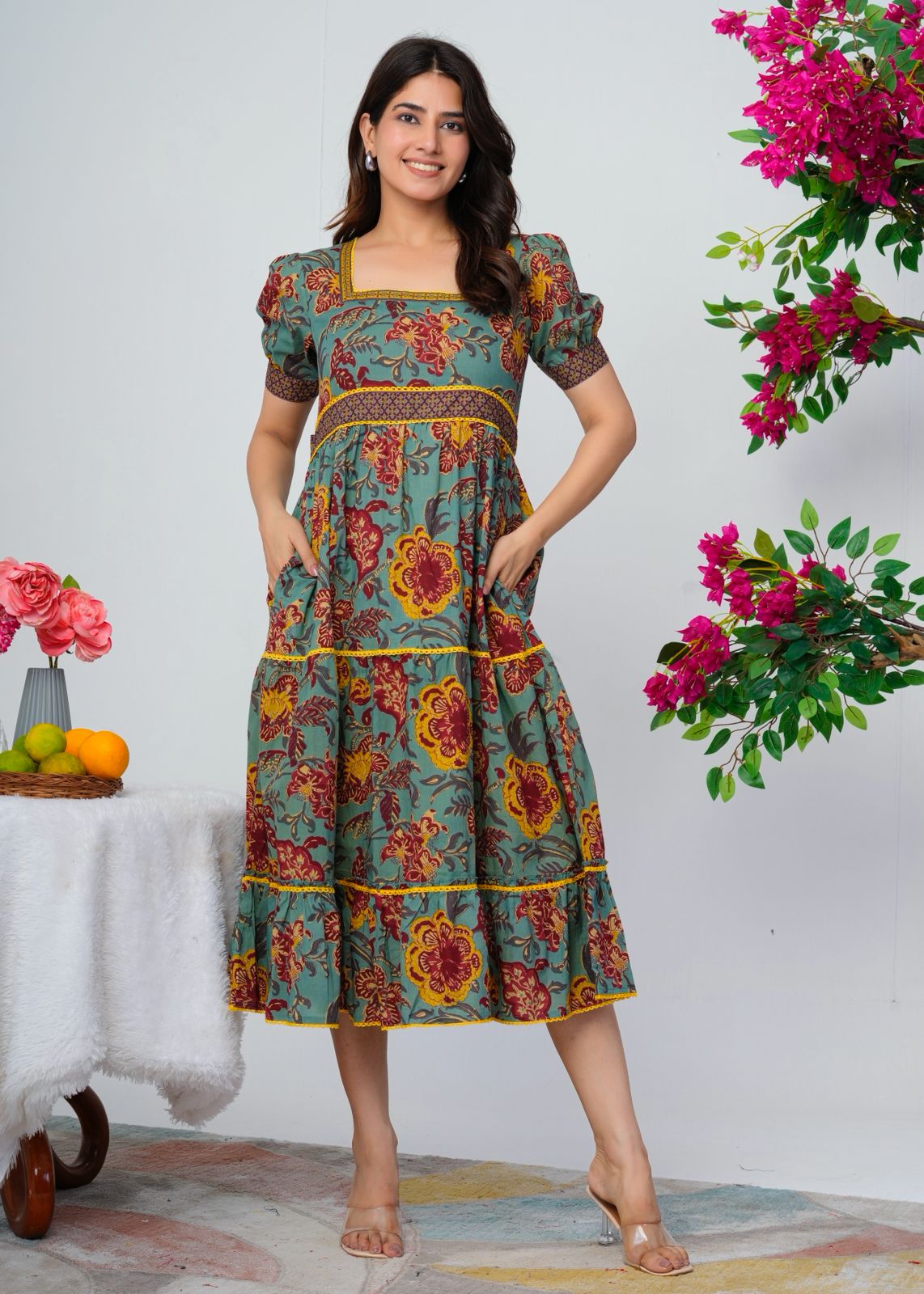 Spiced Teal Flora Cotton Dress
