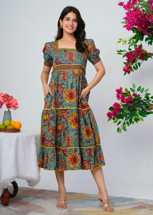 Spiced Teal Flora Cotton Dress