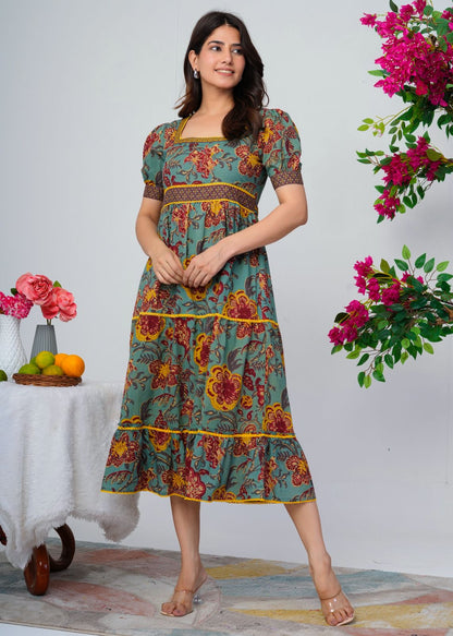 Spiced Teal Flora Cotton Dress