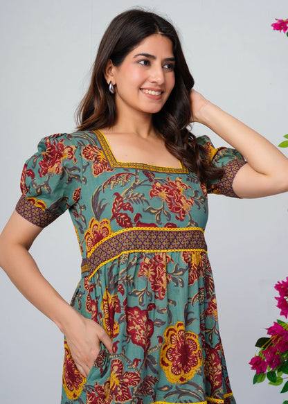 Spiced Teal Flora Cotton Dress