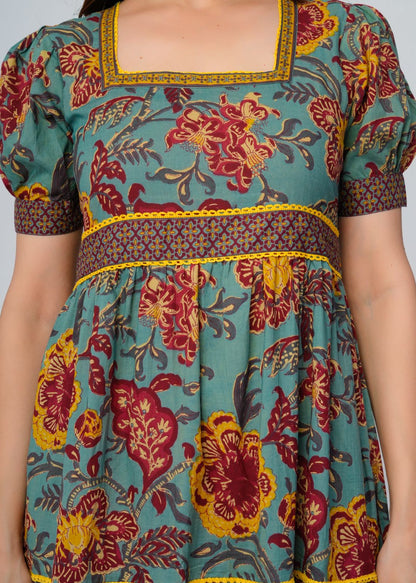 Spiced Teal Flora Cotton Dress