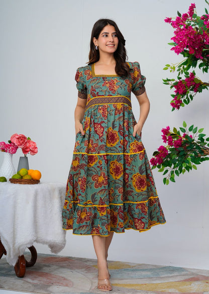 Spiced Teal Flora Cotton Dress