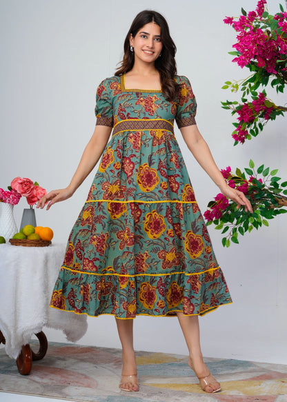 Spiced Teal Flora Cotton Dress