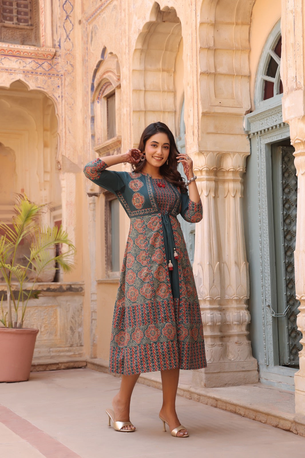 Teal Heritage Dress with Shrug