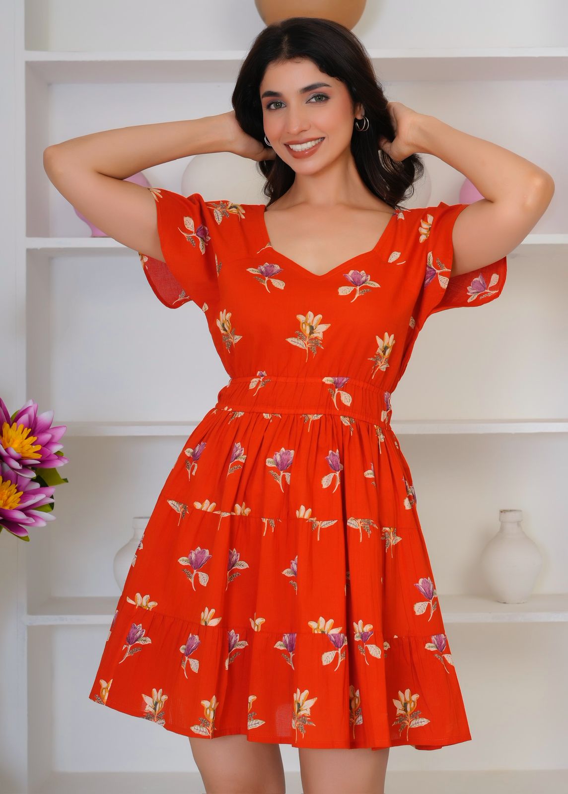Orange Buds Cotton Short Dress
