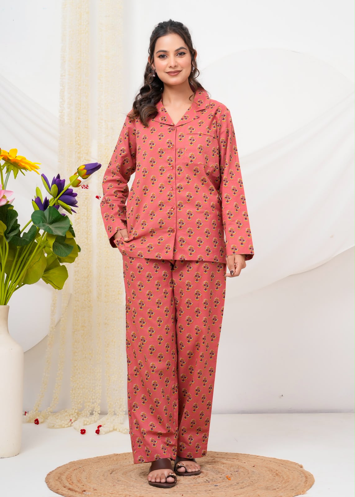 Cotton Printed Collar Night Suit