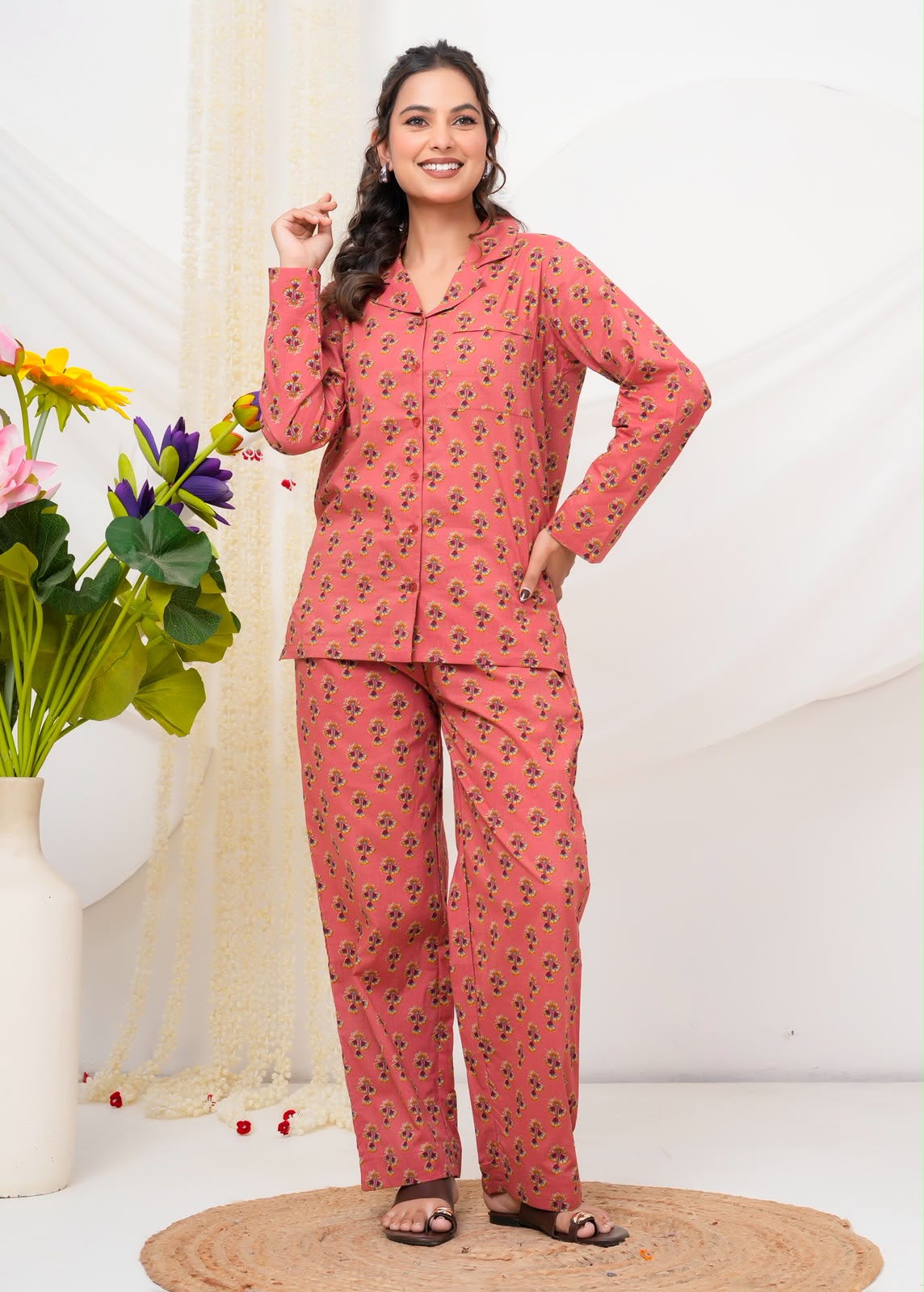 Cotton Printed Collar Night Suit