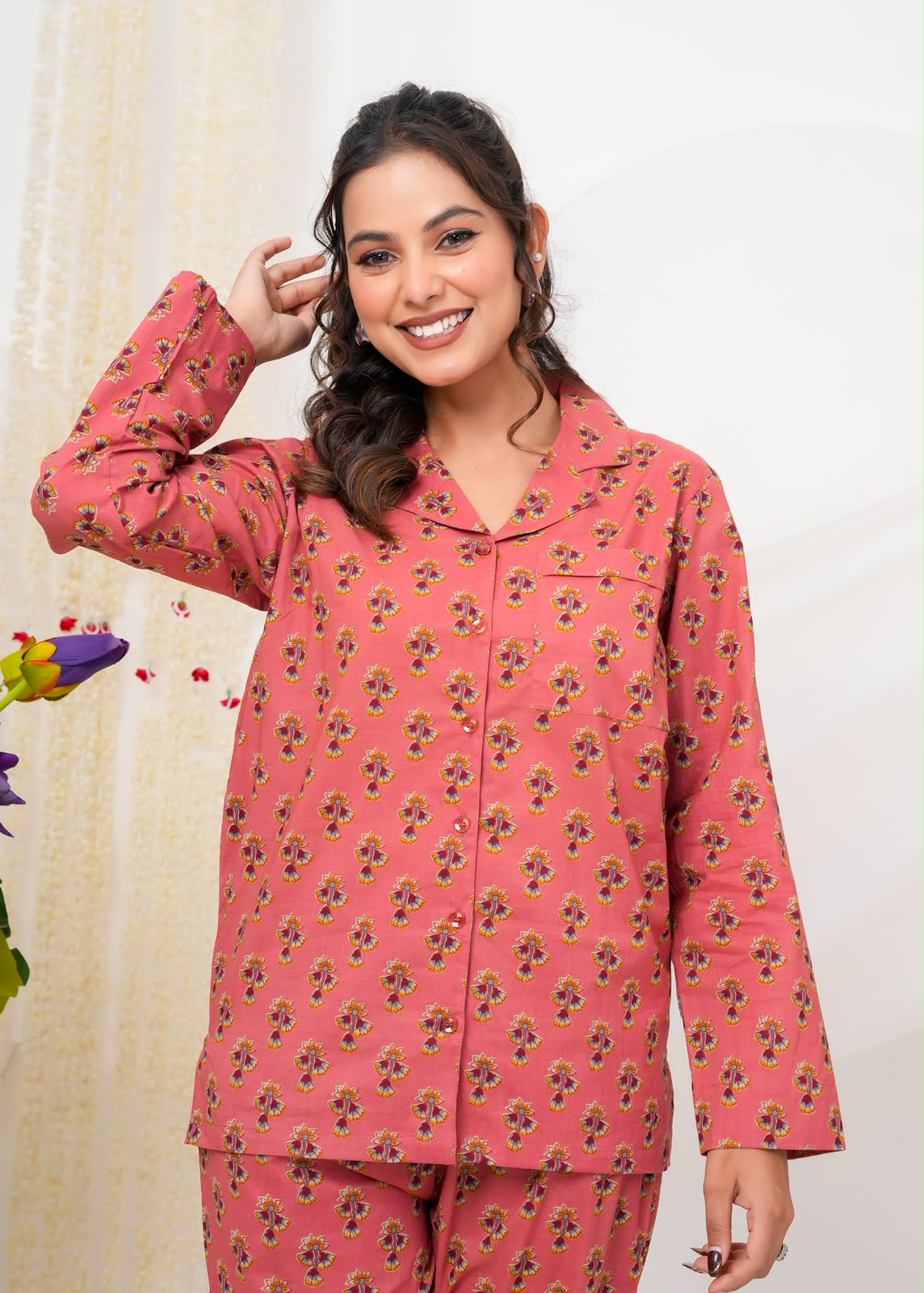 Cotton Printed Collar Night Suit