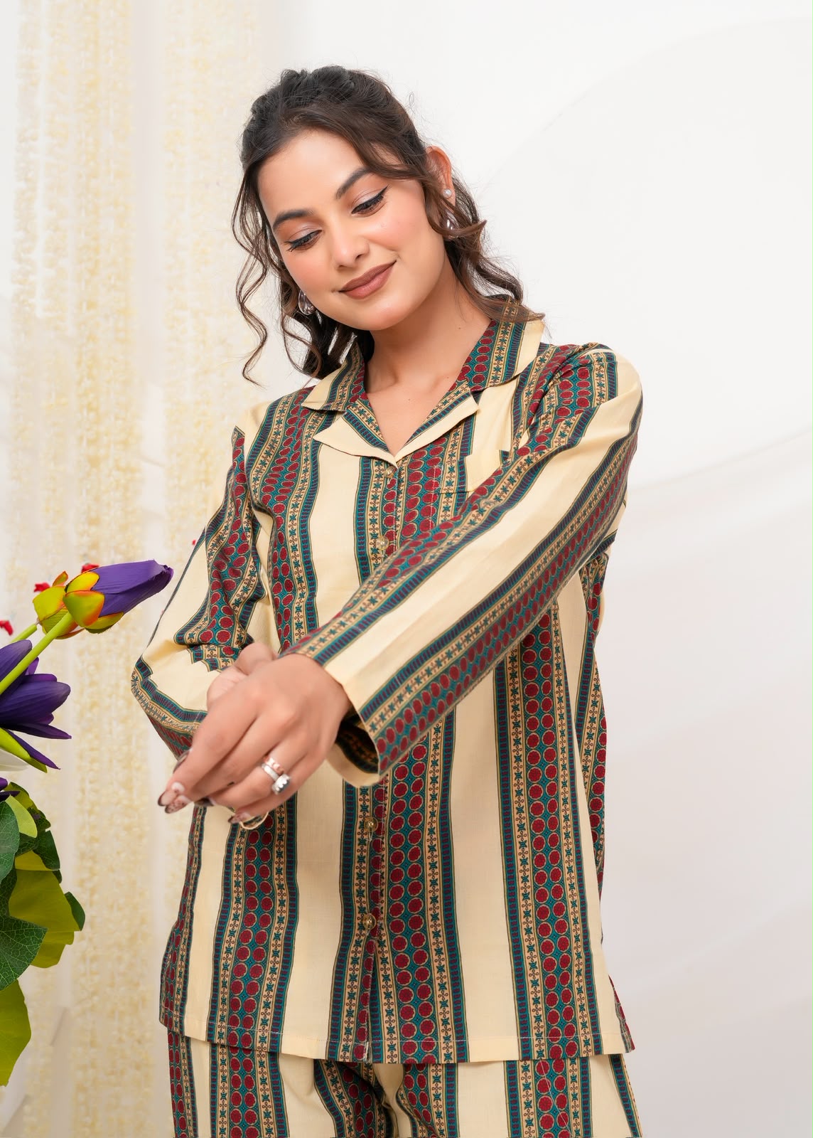 Cotton Printed Collar Night Suit