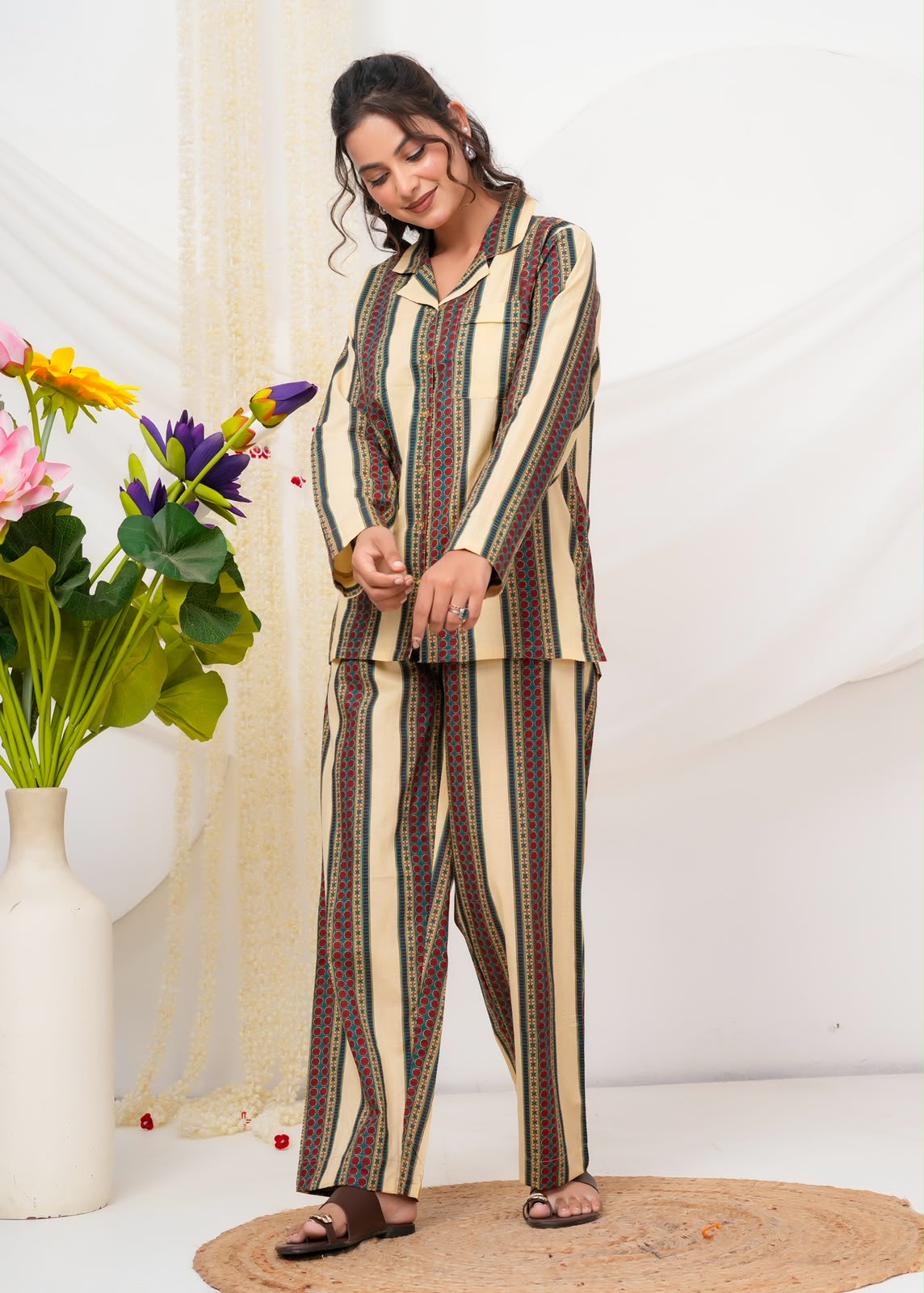 Cotton Printed Collar Night Suit